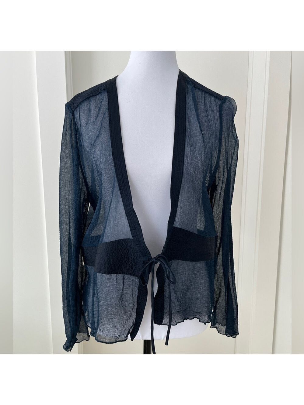 SHEER JACKET Satin Detail Tie Front Bodycon Evening Glamour Sophisticated Chic